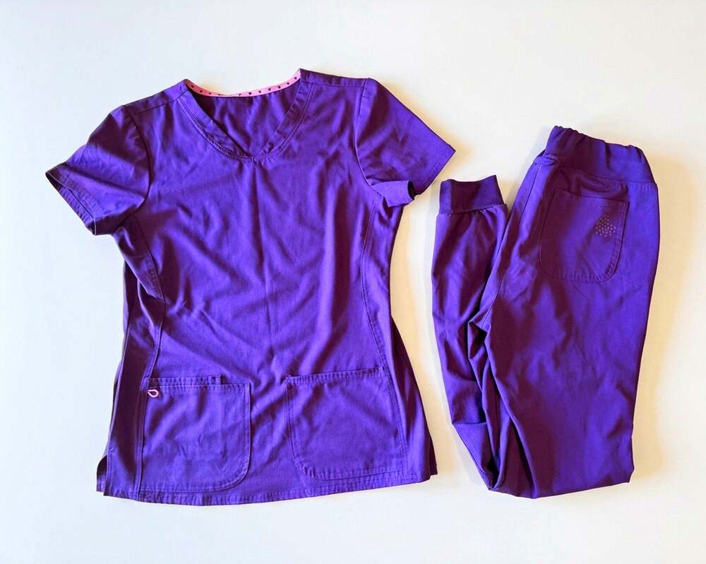 HeartSoul Break On Through Purple Eggplant Scrub Set - Top & Joggers Size S Tall